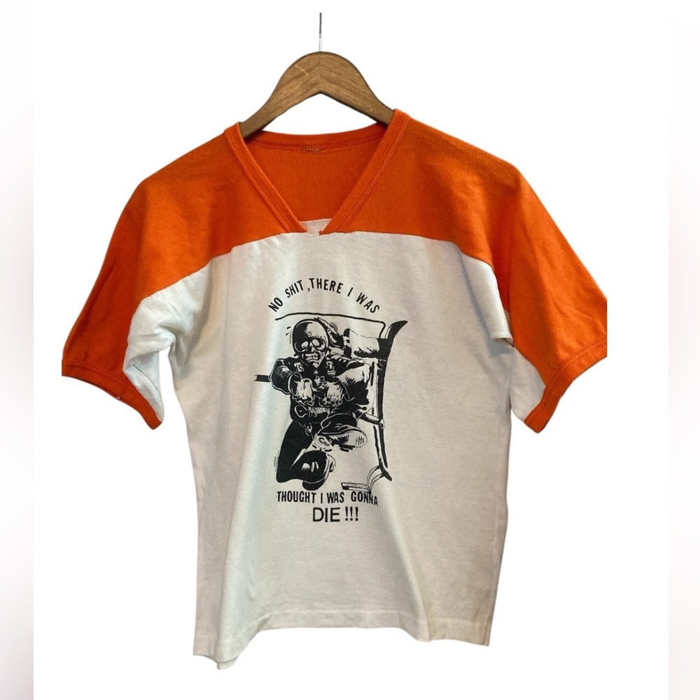 Vintage 70s Post Vietnam War Dark Military Humor Illustration Graphic Raglan Tee